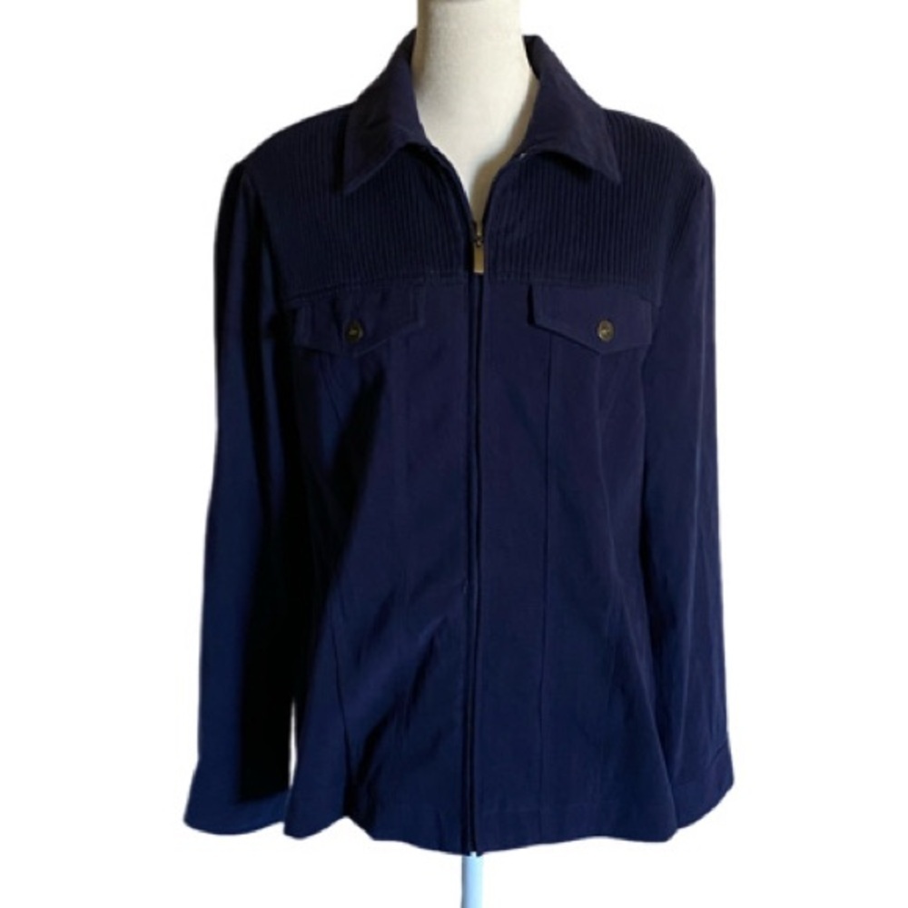 Allison Daley Faux Suede Full Zip Navy Ribbed Knit Detail Collared Jacket. Sz 10
